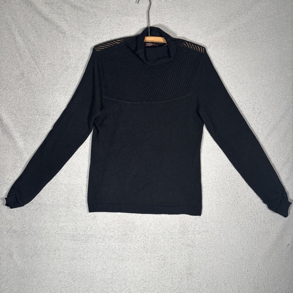 Cullen Black 100% Cashmere Mock Neck Sweater Pointelle Knit Yoke‎ Womens Medium